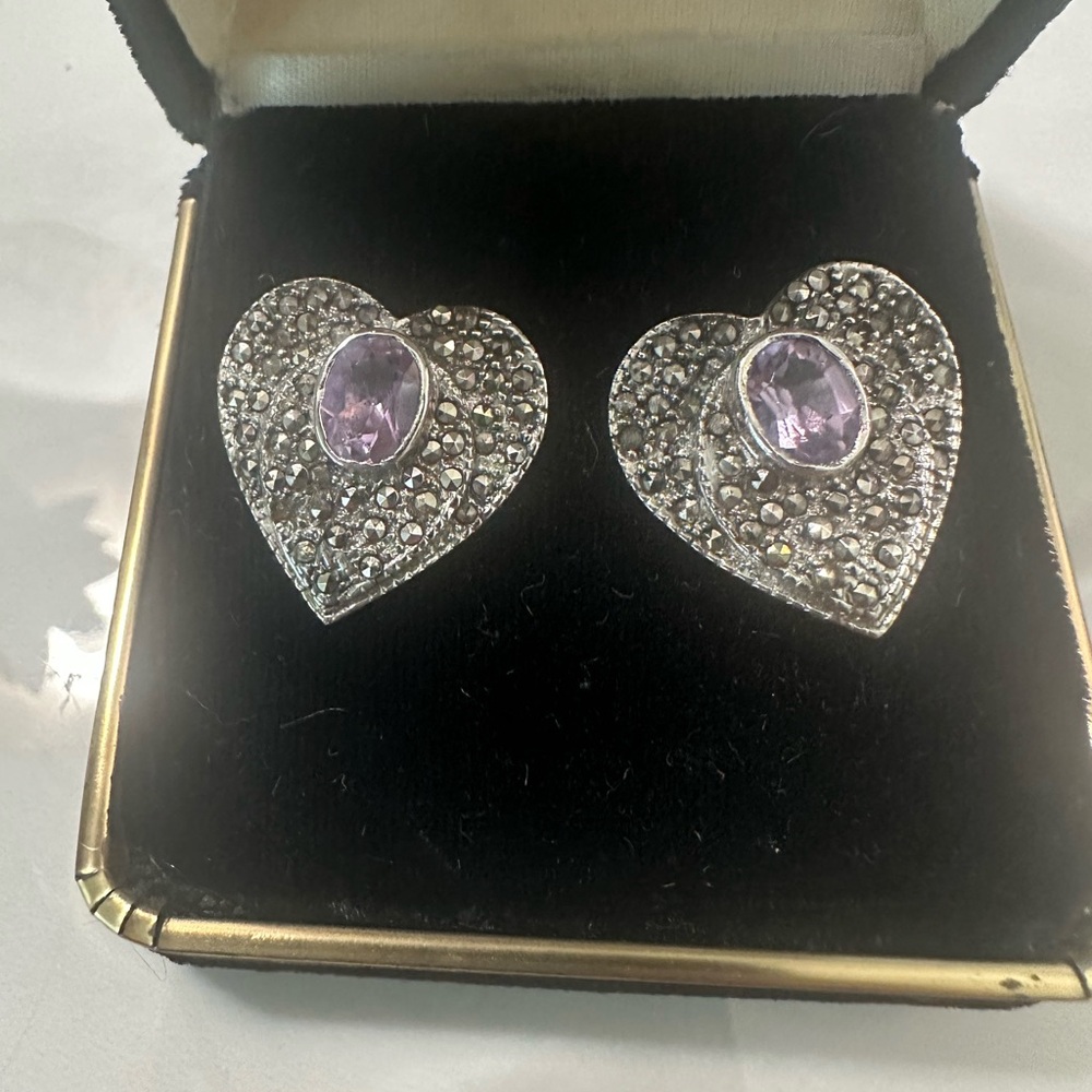 Marcasite amethyst Silver Heart Earrings with Purple Gemstone